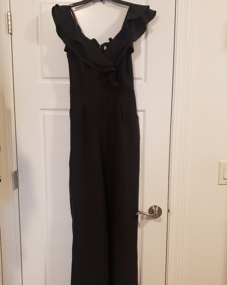 Off Shoulder Tulip Ruffle Jumpsuit in Black by Mai